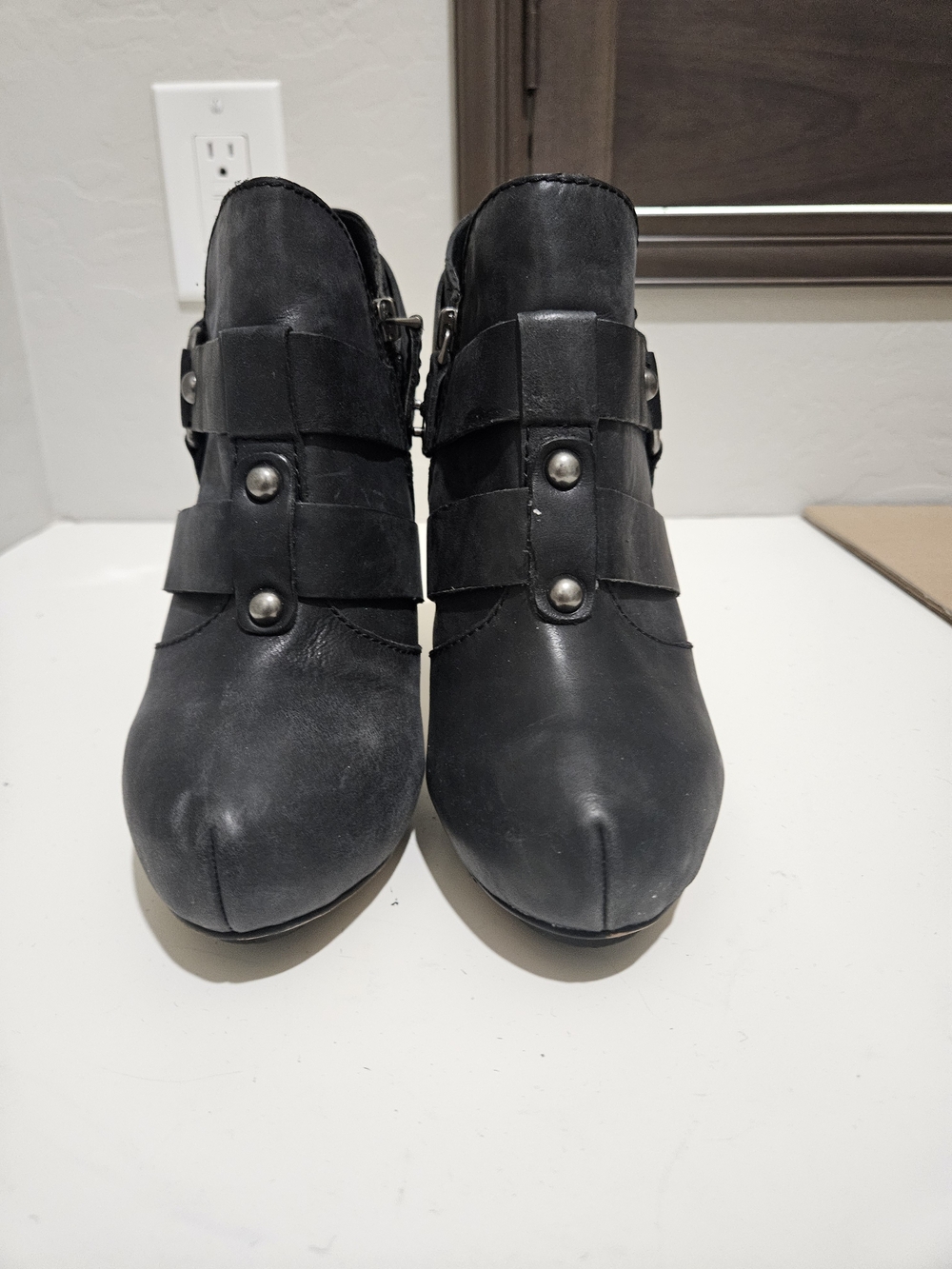True Religion Black Studded Strap Ankle Booties with Buckle Detail